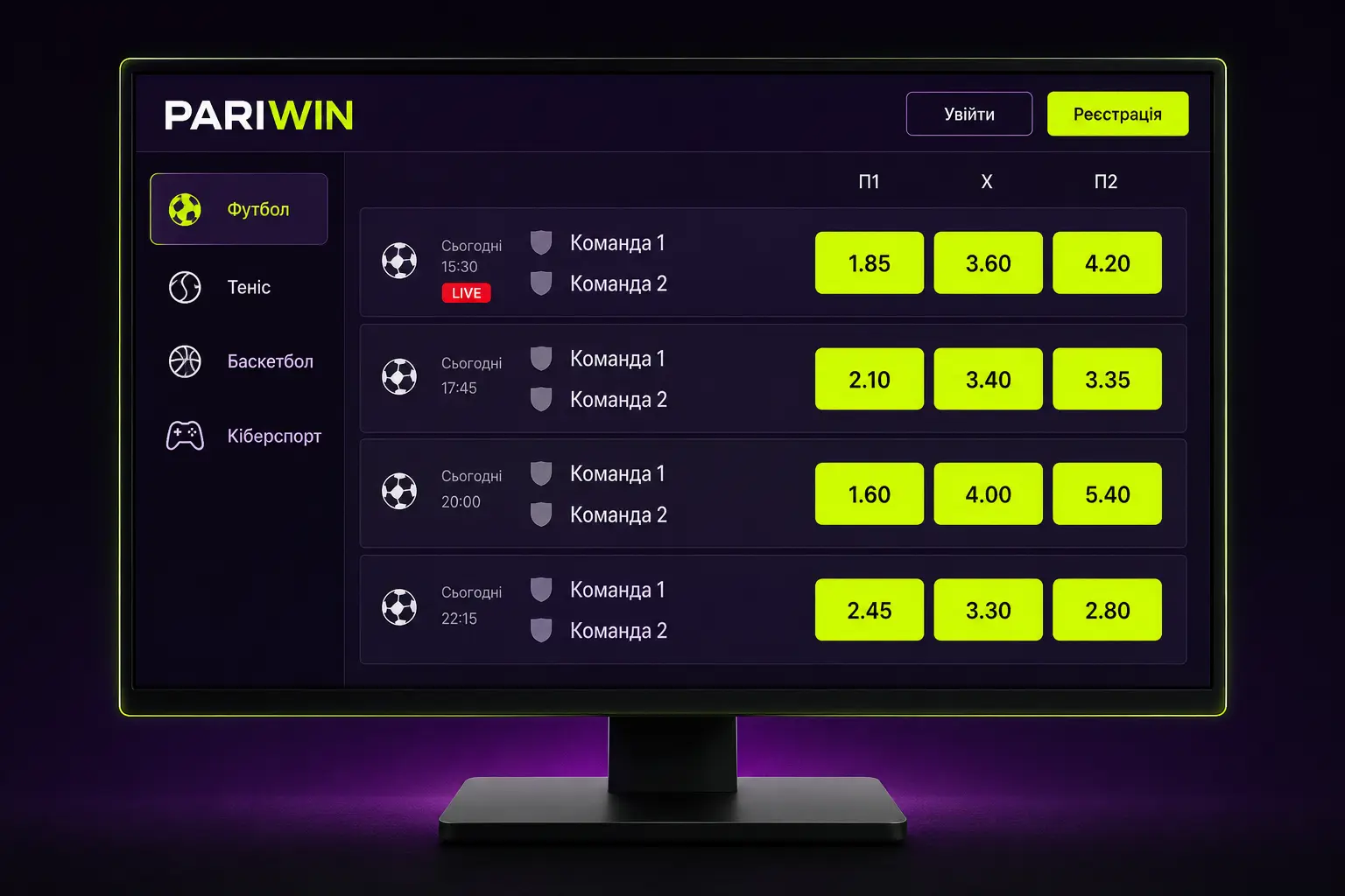 Лінія ставок на спорт з коефіцієнтами на сайті Pariwin